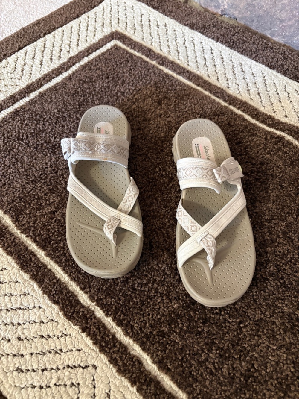 Skechers Light Beige Crisscross Slide Sandals with Decorative Straps